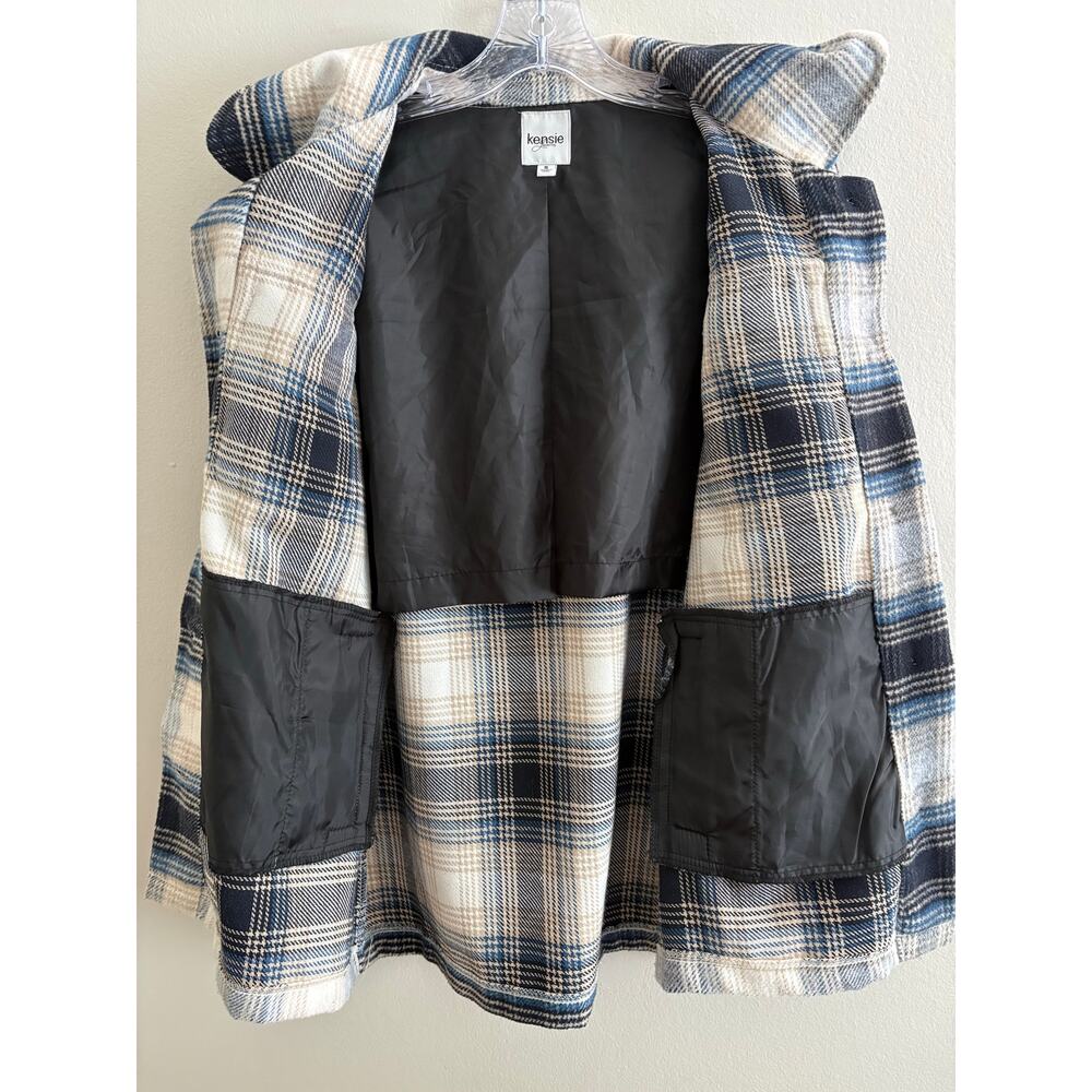 Kensie Jeans Shacket Oversized Plaid Flannel Shirt Jacket Blue Cream Size S - Picture 5 of 9